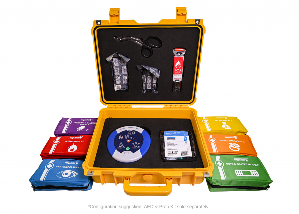 Modulator extreme first Aid and Trauma kit with AED. Waterproof hard cover for remote rescue and first aid.